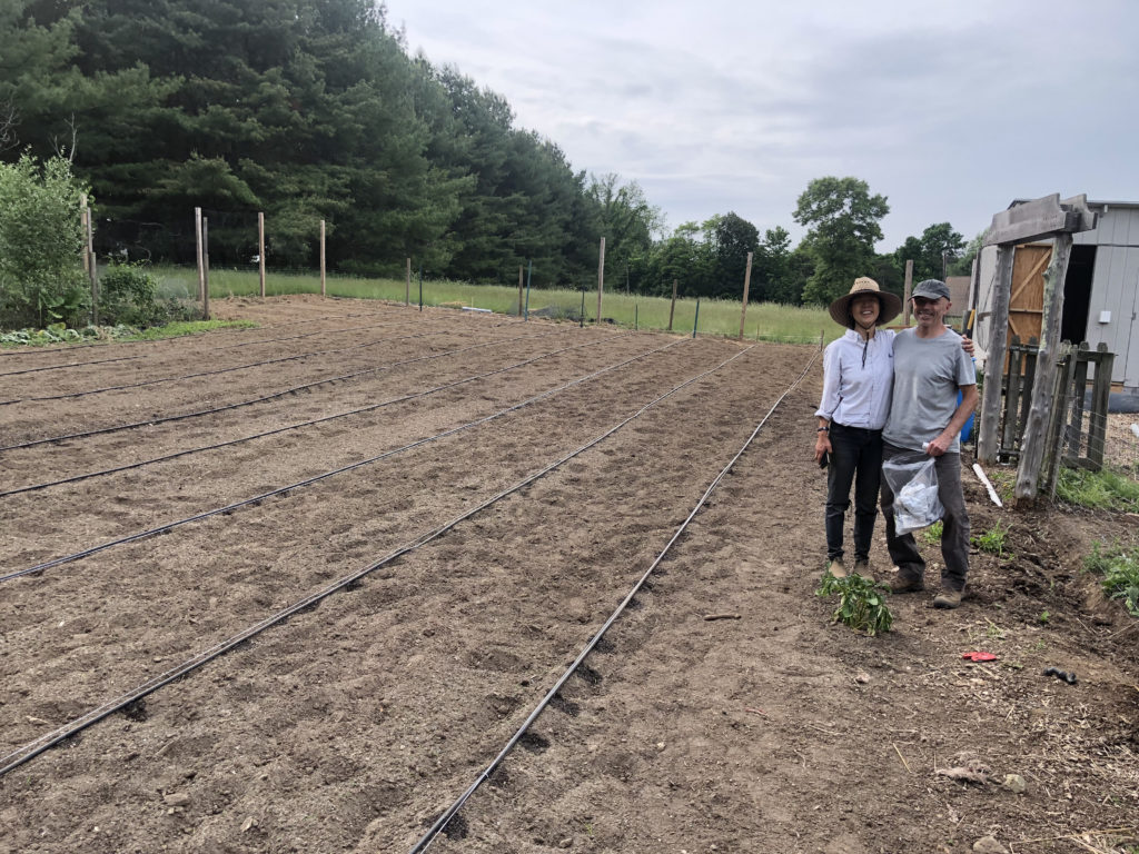 Soyoung and Dennis, the abbot of the Providence Zen Center, standing on the farm with freshly planted seeds.